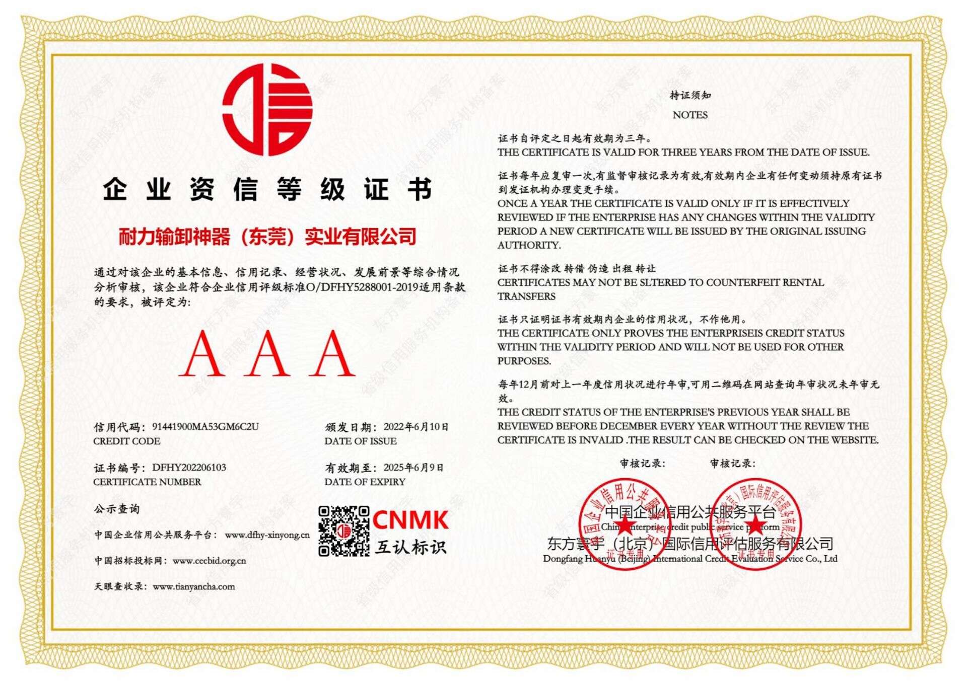 3A Enterprise Credit Rating Certificate