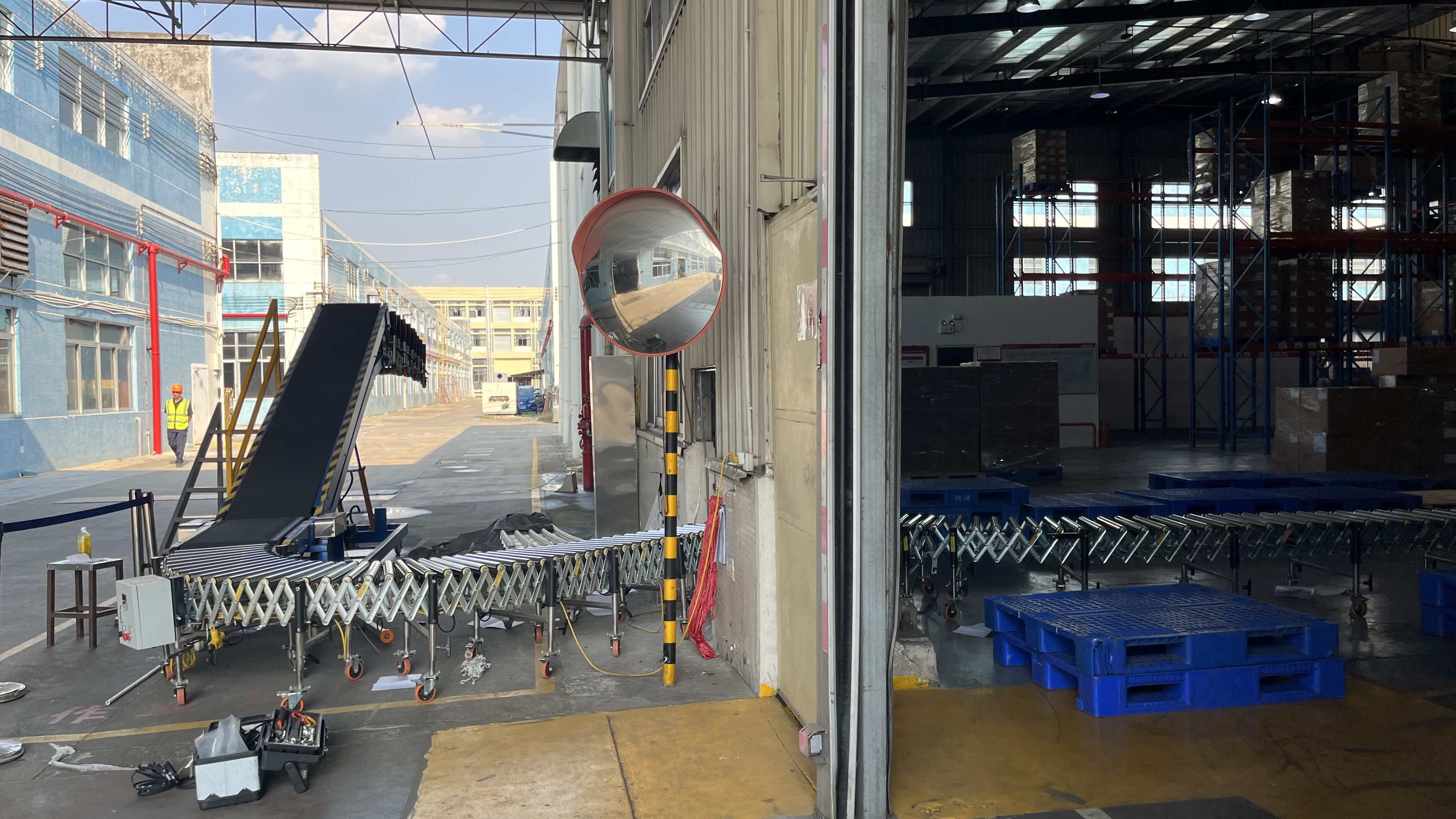 Roller conveyor connected the interior of the warehouse to the loading and unloading area